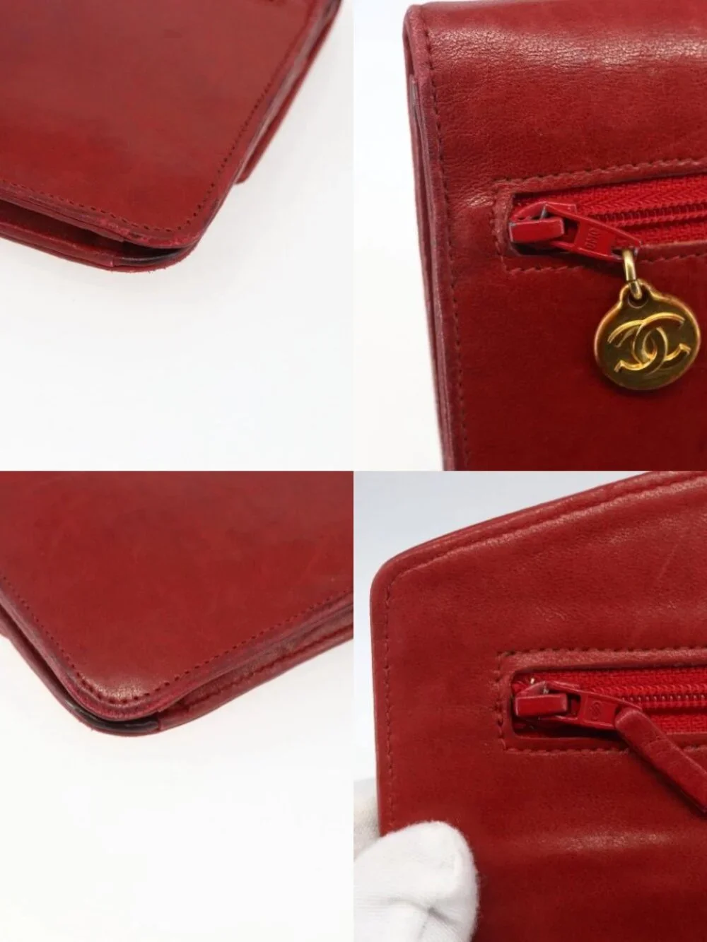 CHANEL Long Wallet Grained Calf Skin Red Gold CC Auth 166826